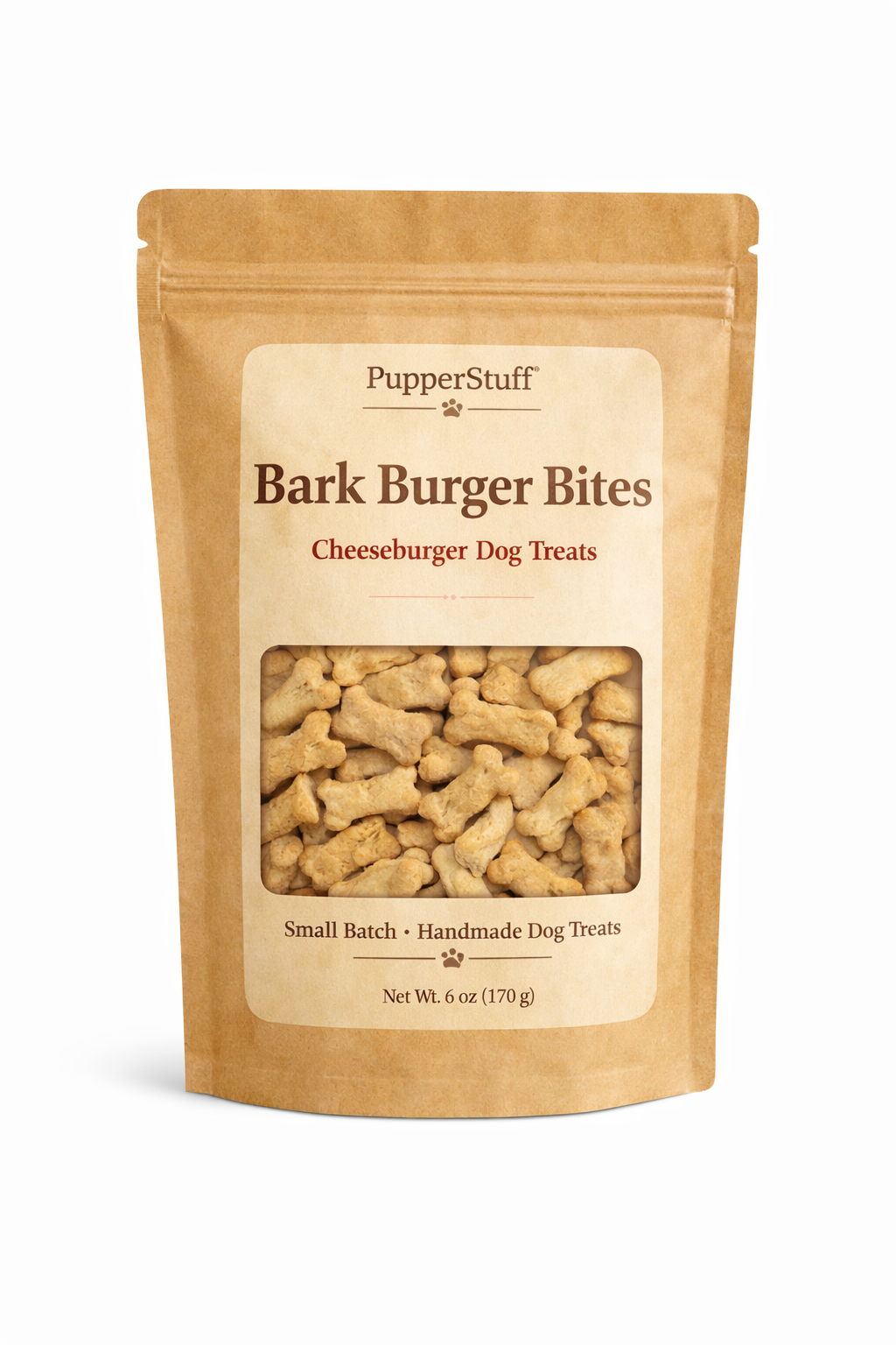 Package of PupperStuff Bark Burger Bites cheeseburger dog treats on a white background
