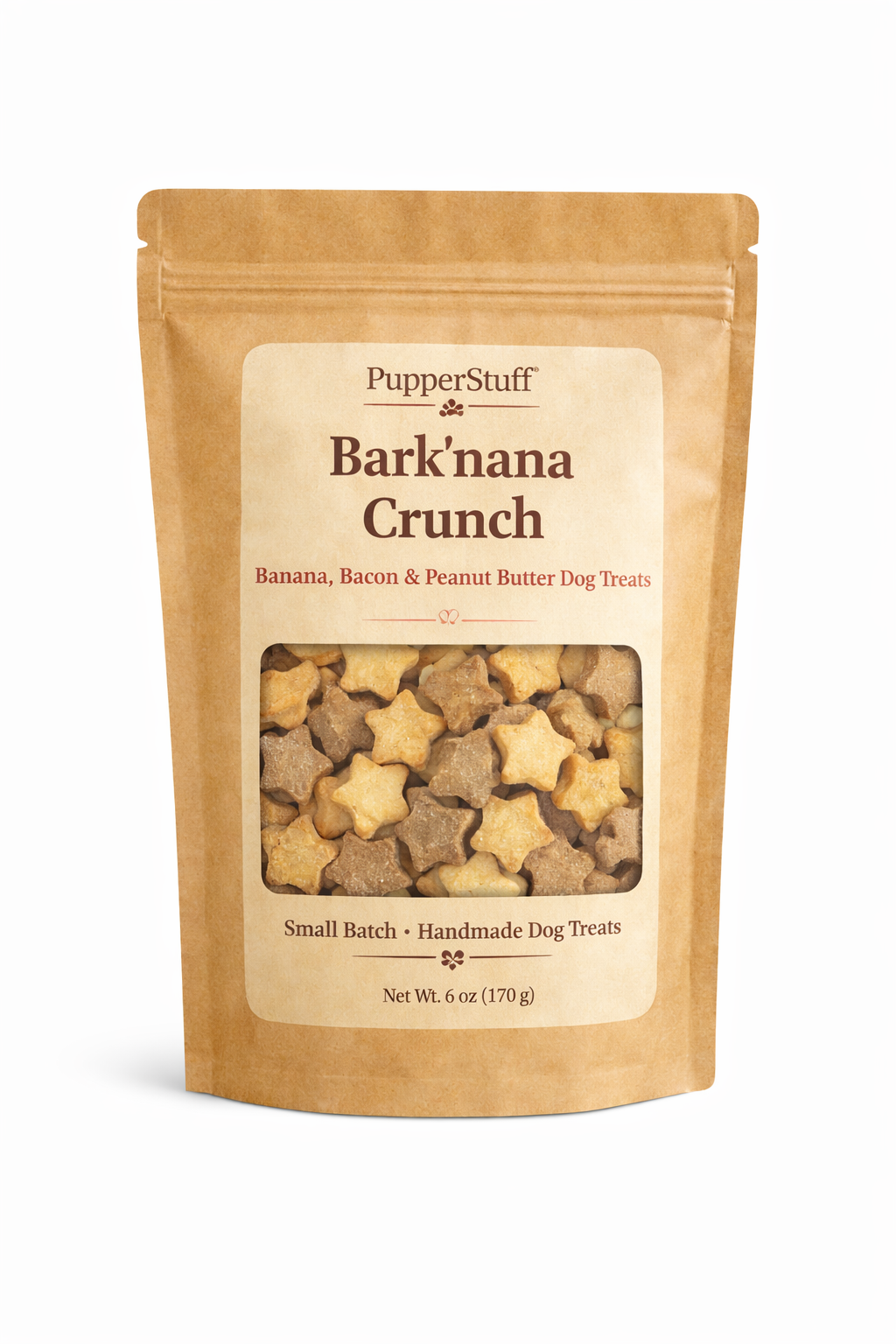 Bag of Bark'nana Crunch dog treats from PupperStuff on a white background