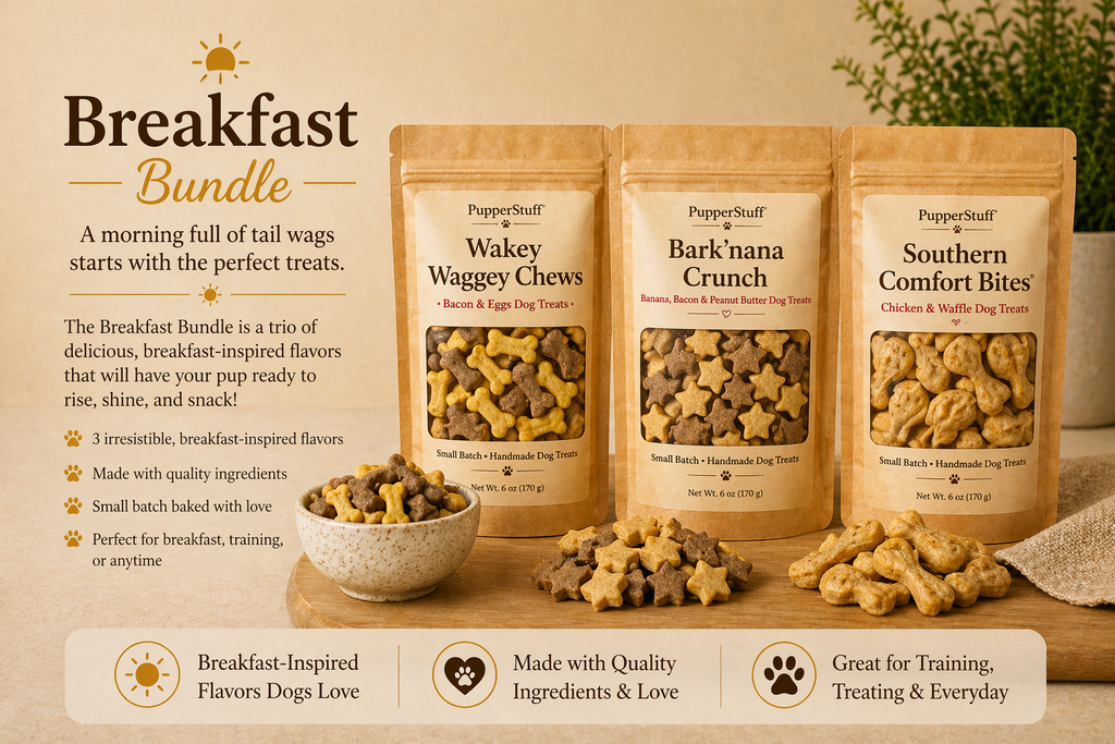 Dog treat packages labeled 'Wakey Waggy Chews', 'Bark'nana Crunch', and 'Southern Comfort Bites' on a wooden surface with text about the Breakfast Bundle.