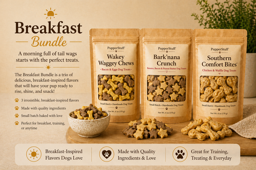 Dog treat packages labeled 'Wakey Waggy Chews', 'Bark'nana Crunch', and 'Southern Comfort Bites' on a wooden surface with text about the Breakfast Bundle.