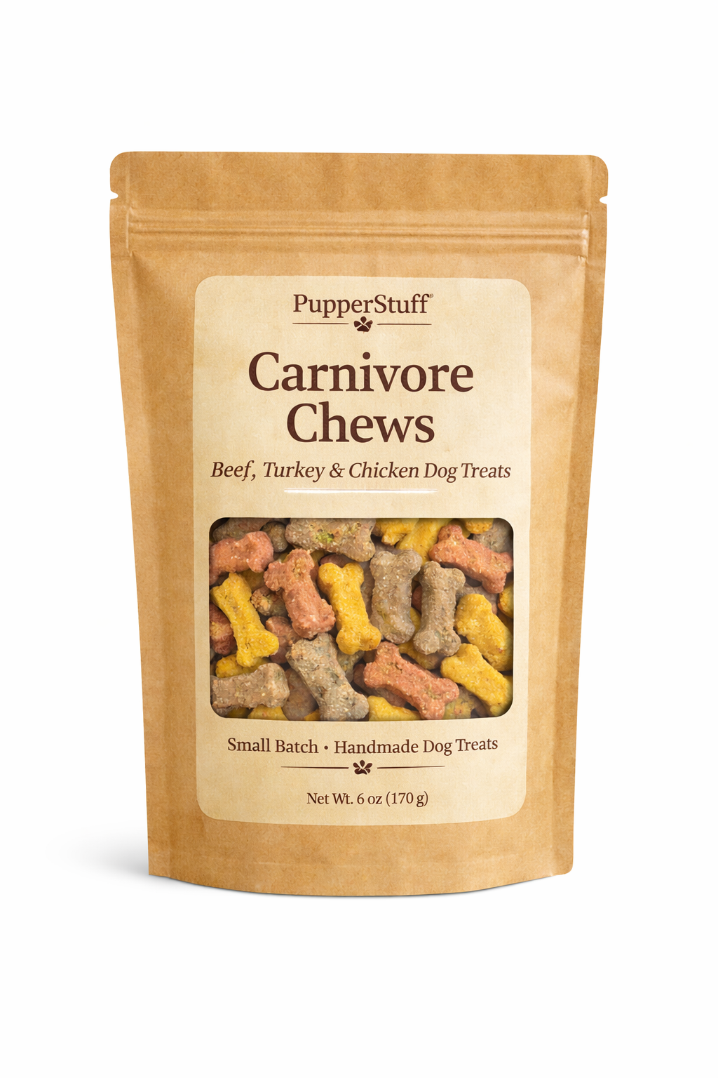 Package of PupperStuff Carnivore Chews dog treats on a white background
