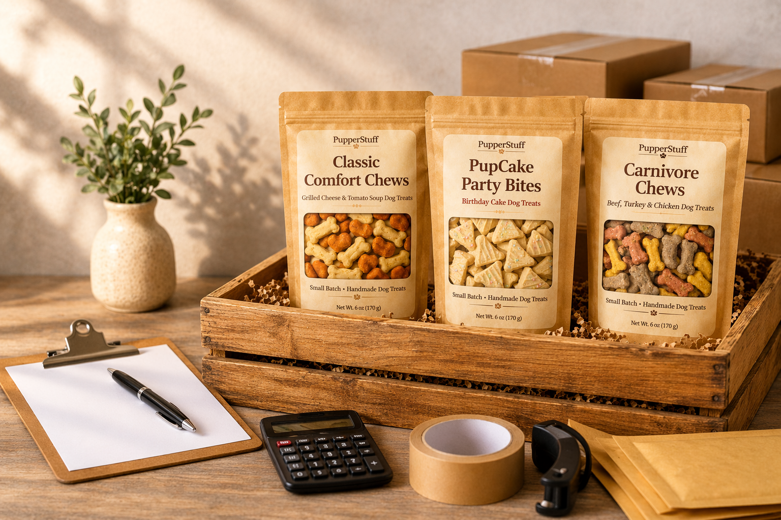 Wooden tray with bags of dog treats on a wooden table with office supplies- Wholesale/Fundraiser