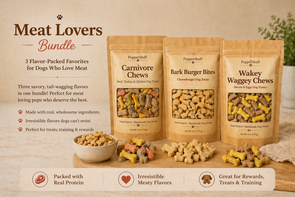 Three packages of 'Meat Lovers Bundle' dog treats on a wooden surface with text describing the product.