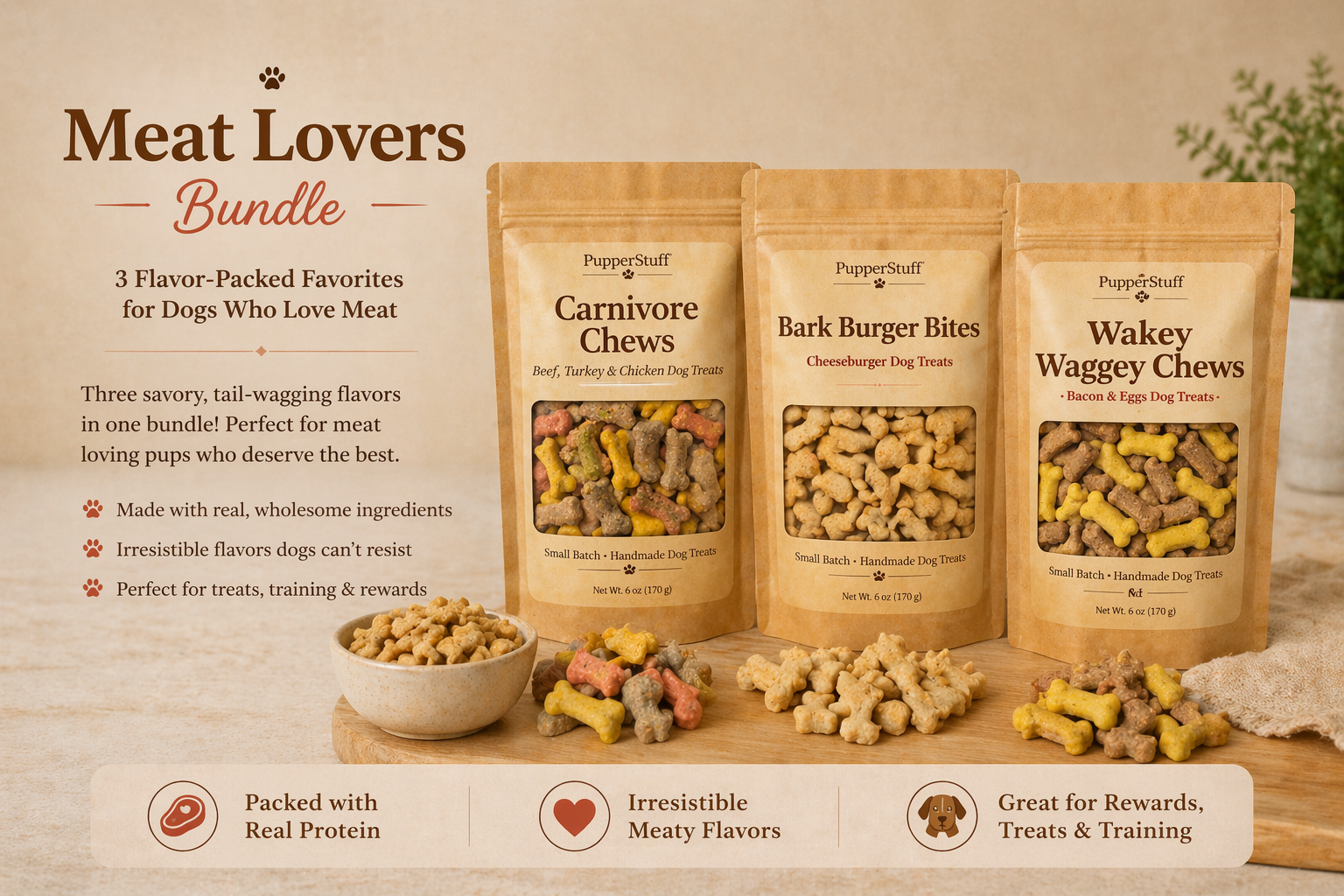 Three packages of 'Meat Lovers Bundle' dog treats on a wooden surface with text describing the product.