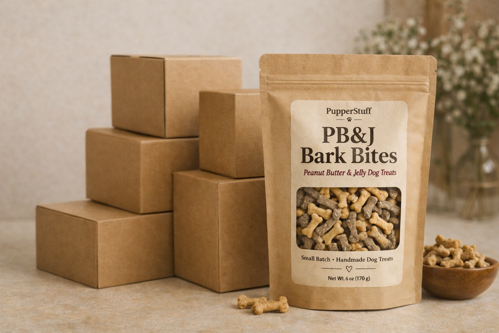 Bag of Pepper Stuff PB&J Bark Bites dog treats with packaging on a neutral background