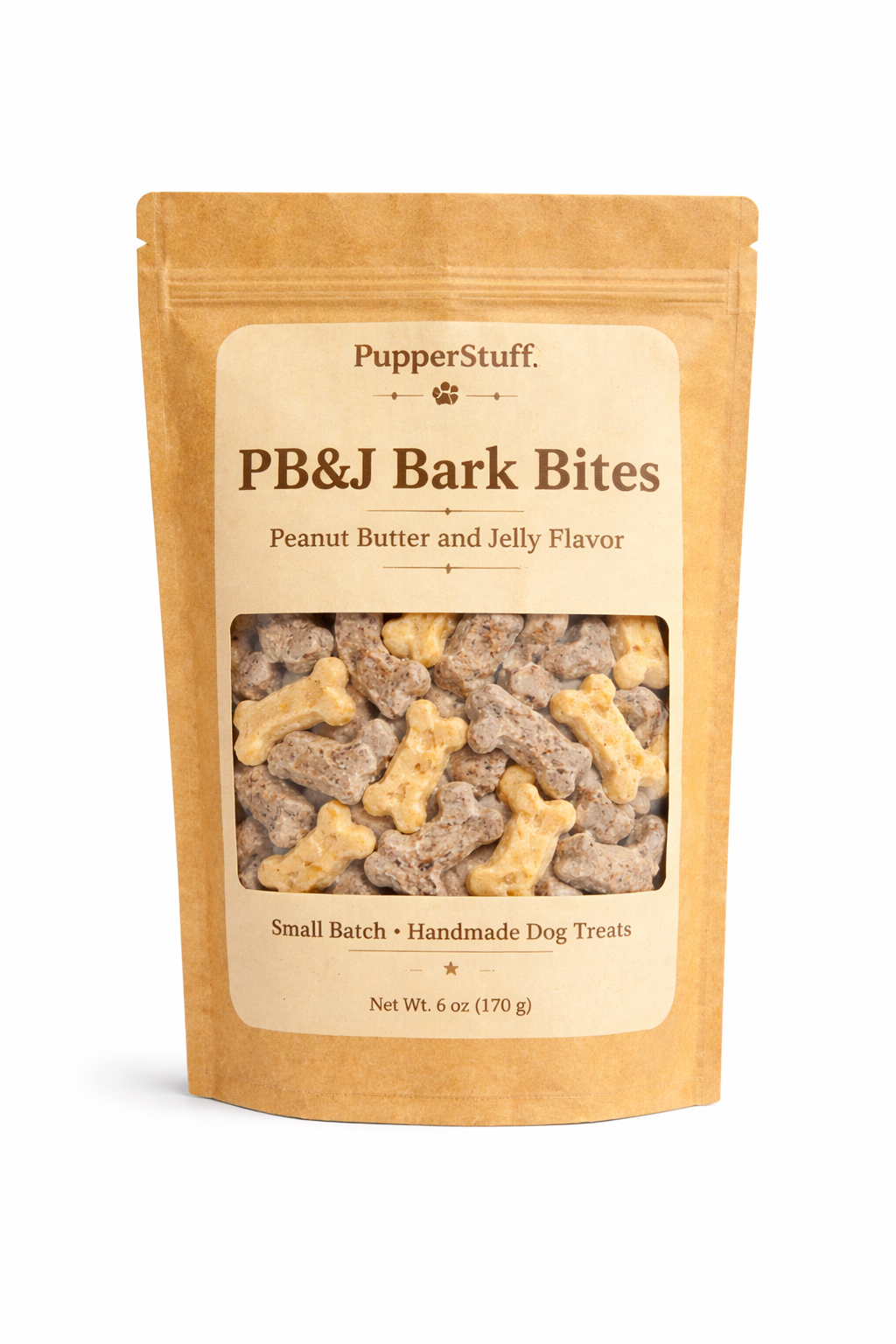 Package of PupperStuff PB&J Bark Bites dog treats on a white background