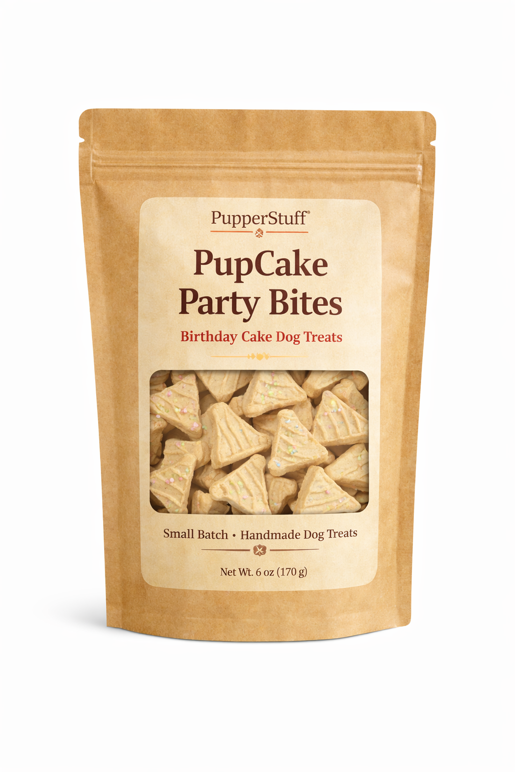 Package of Pupcake Party Bites dog treats with visible text on a white background