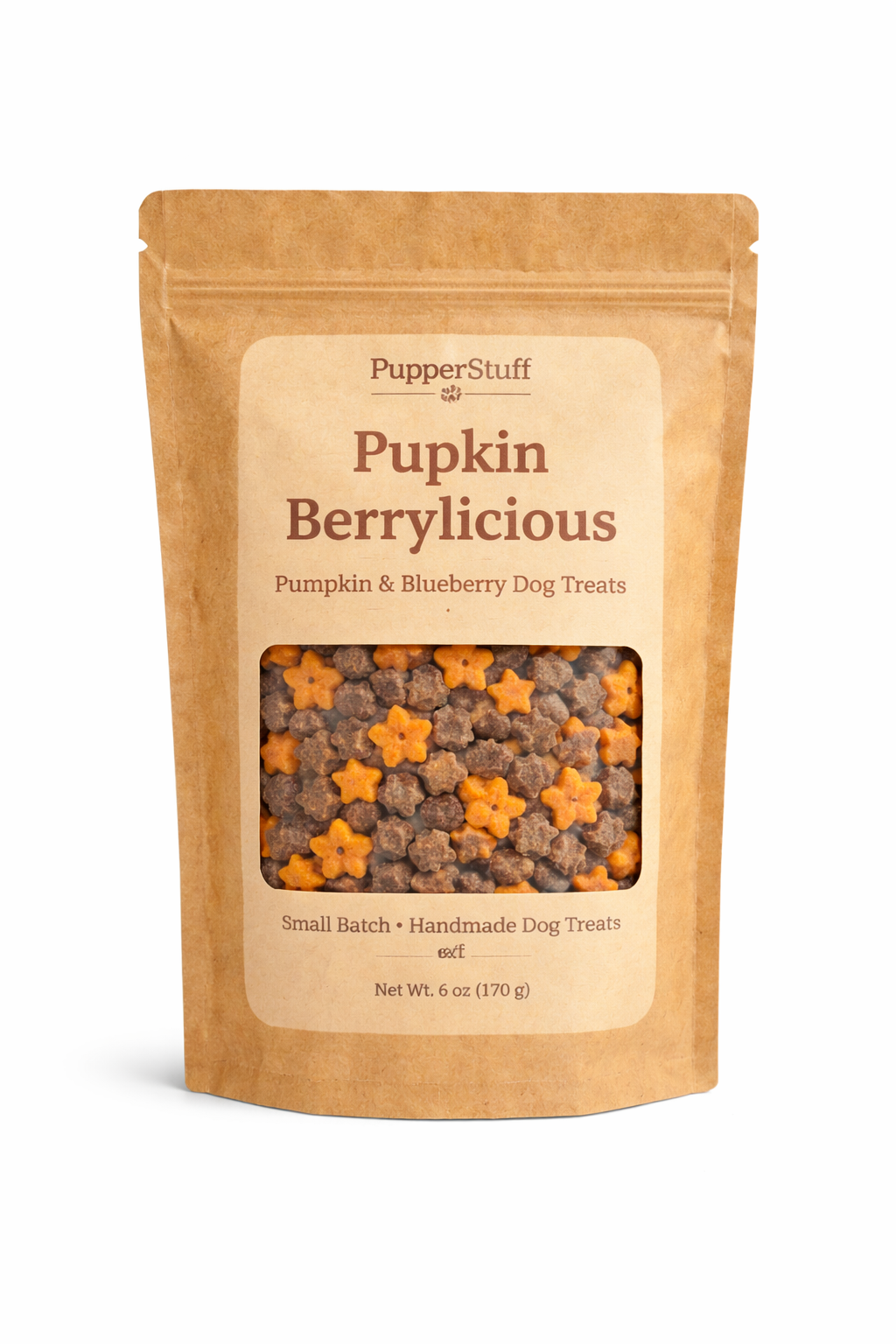Packaged dog treats labeled 'Pupken Berrylicious' on a white background