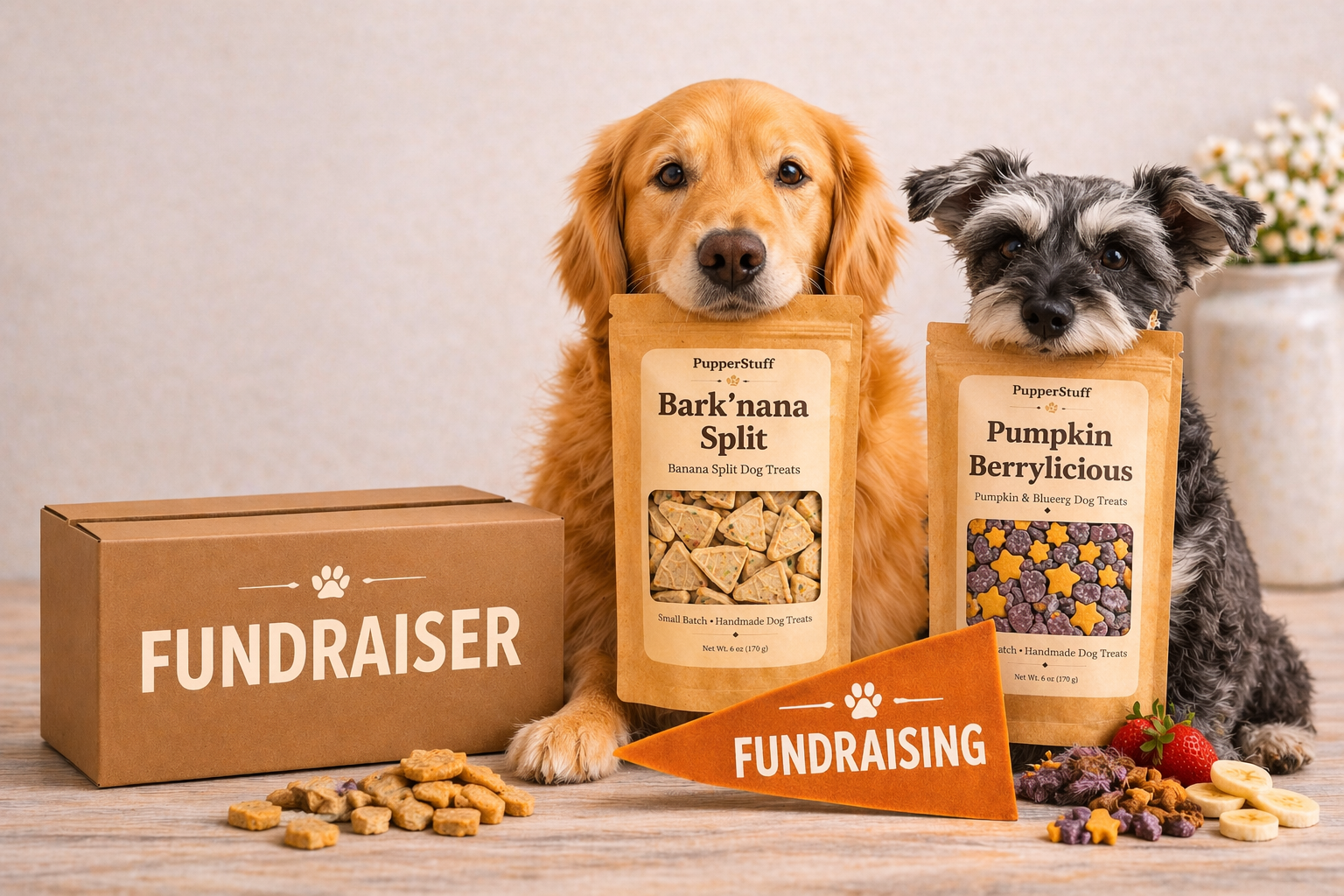 Two dogs with a box labeled 'Fundraiser' and packages of dog treats on a wooden table.