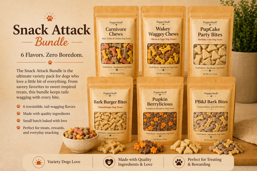 Pupper Stuff Snack Attack Bundle with various dog treat packages on a wooden surface.