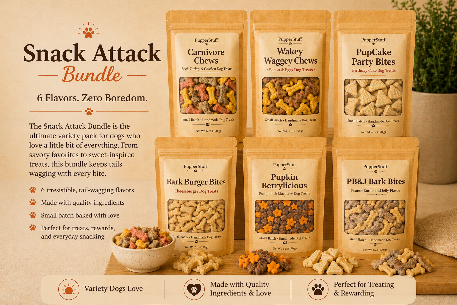 Pupper Stuff Snack Attack Bundle with various dog treat packages on a wooden surface.