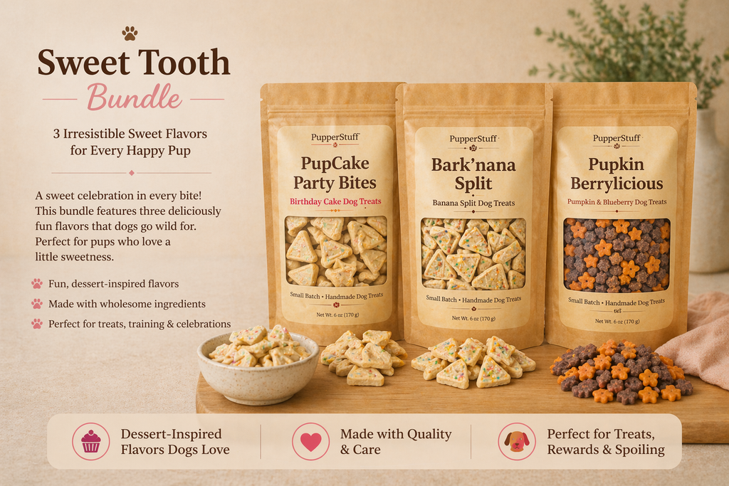 Sweet Tooth Bundle of dog treats with packaging and samples on a wooden board.