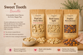 Sweet Tooth Bundle of dog treats with packaging and samples on a wooden board.