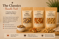 Three packages of dog treats labeled 'PB&J Bark Bites', 'Classic Comfort Chews', and 'Southern Comfort Bites' on a wooden board with text about the product.