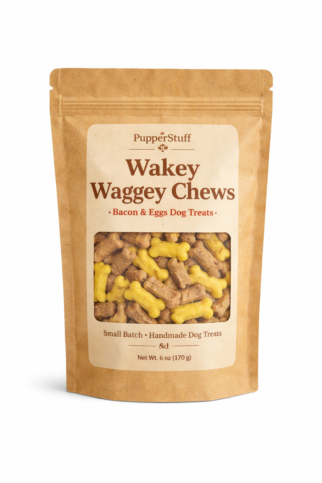Package of Pupper Stuff Wakey Waggy Chews dog treats on a white background